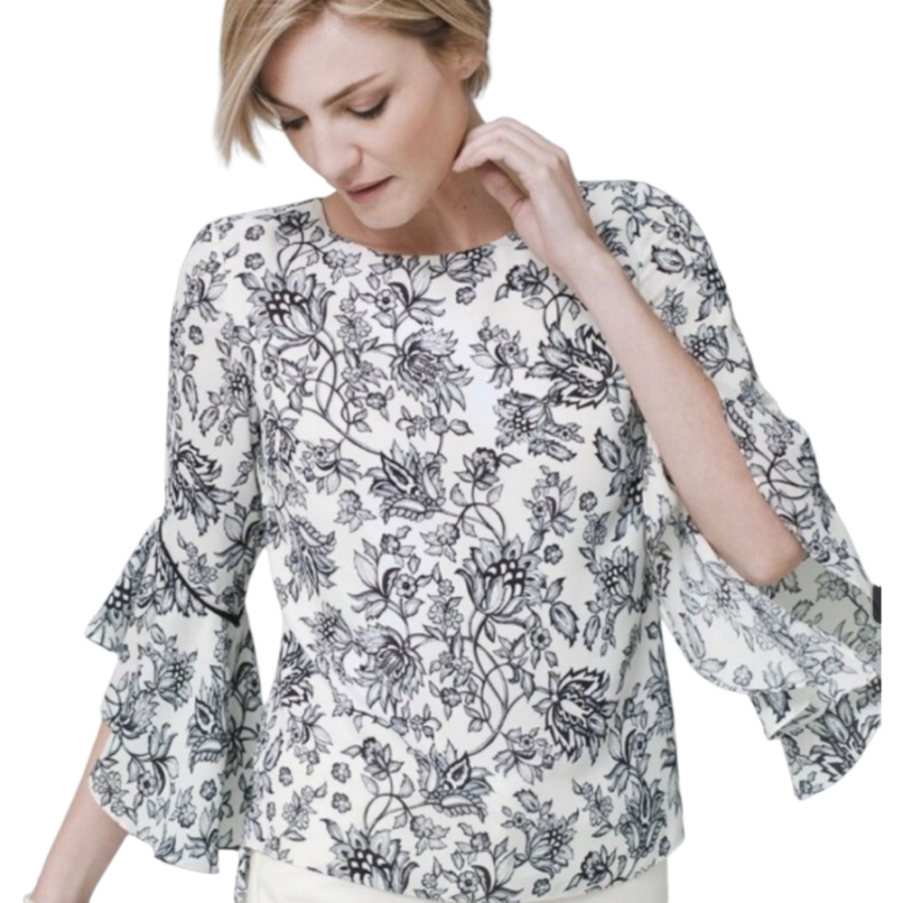 WHBM White House Black Market Floral Blouse with Belled 3/4 Sleeves